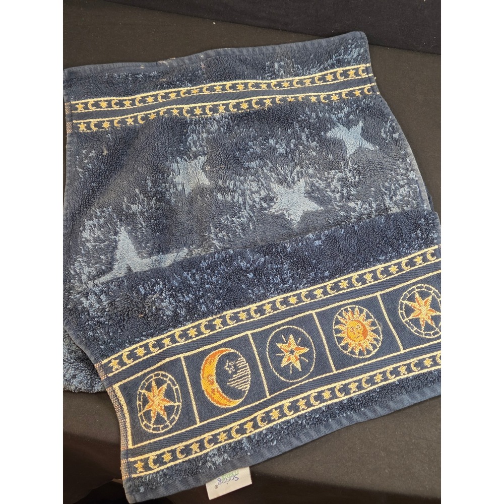 Vintage Springmaid Celestial Sun Moon Stars Navy Blue Cotton Hand Towel 12x26